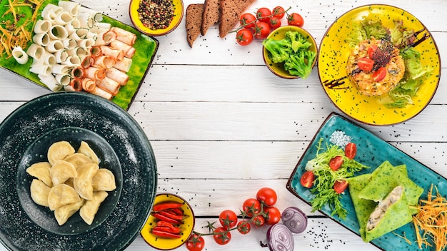 Assorted dishes displayed on table